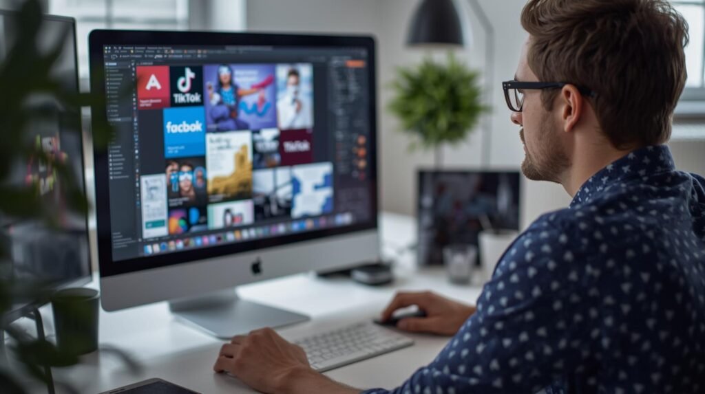 un diseñador gráfico hombre haciendo contenido para redes sociales y que en su computadora se vea varias redes sociales como facebook, tiktok , linkedin