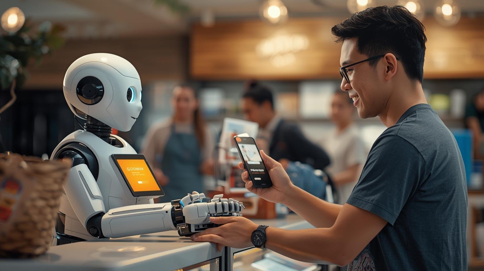 una imagen de un solo chatbot con apariencia simpática vendiendo un articulo a un cliente en un ambiente agradable que trasmita confianza con un estilo realista